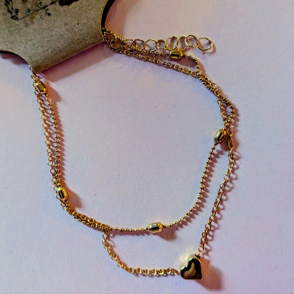 Gold Tone Metal Heart Charm Double Strand Bracelet Valentine's Delicate Feminine